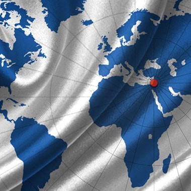 Illustration of waves on a world map with Israel marked in a red dot, for KKL today design.